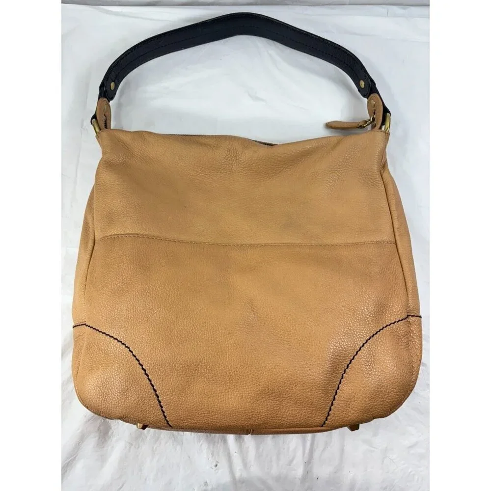 Oryany Adele Colorblock Tan & Brown Pebbled Leather Hobo Shoulder Handbag
